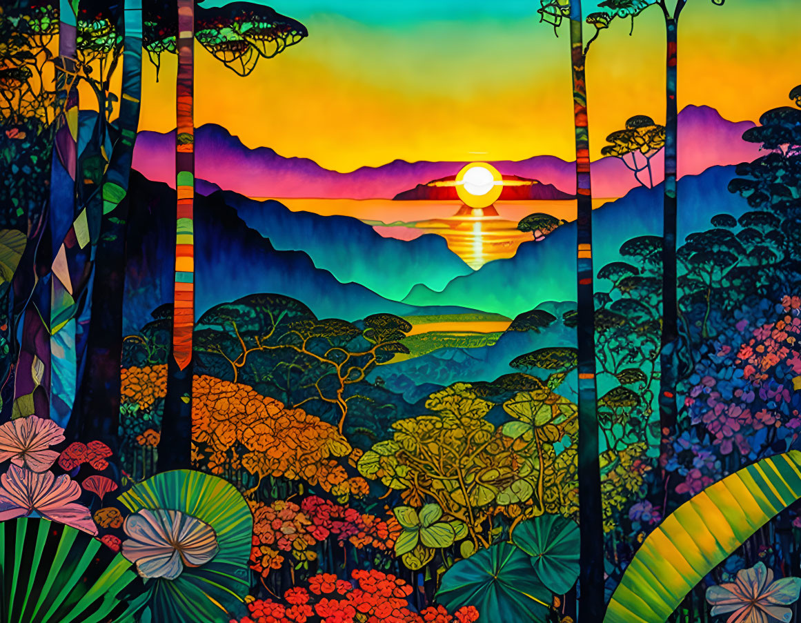 Colorful Stylized Landscape: Sunset Behind Layered Mountains