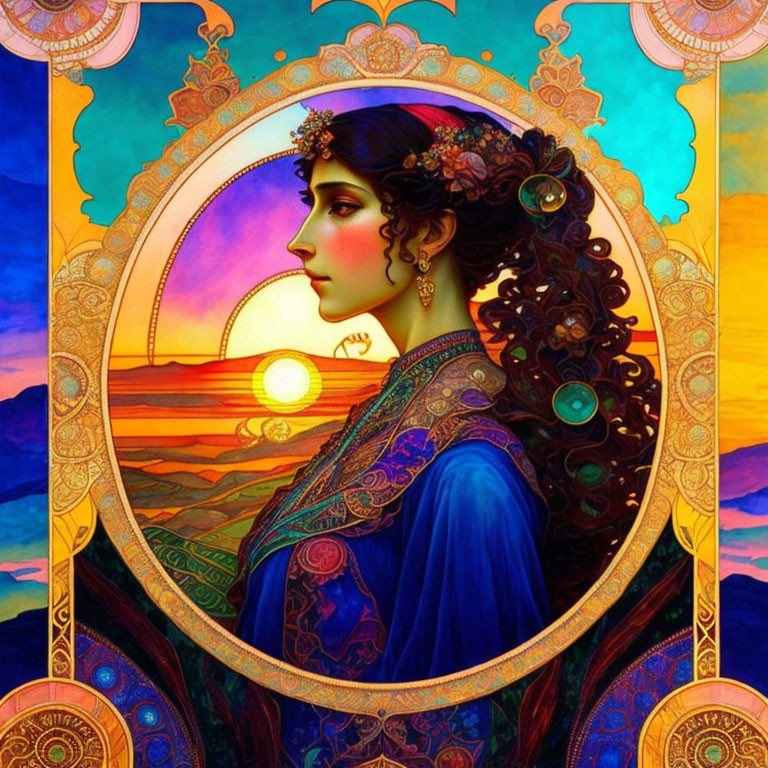 Illustrated woman in elaborate clothing against vibrant sunset and mountains