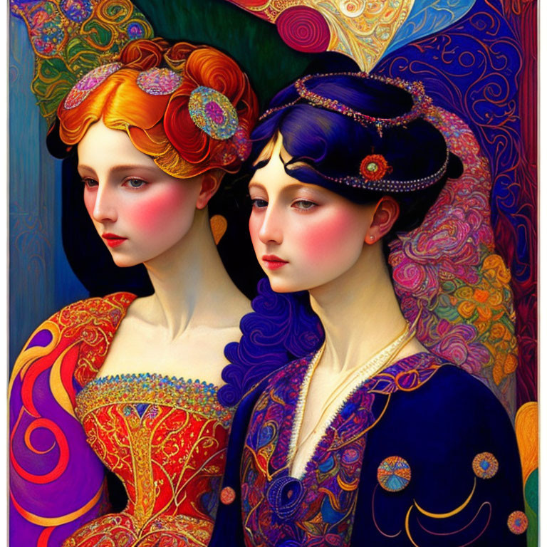 Colorful stylized female figures with intricate attire and headdresses on patterned background