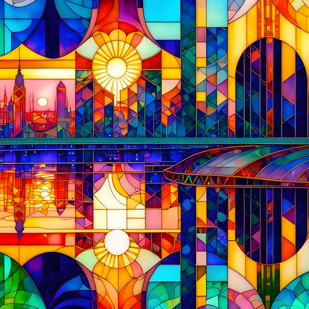 Colorful geometric stained glass window design in bright hues