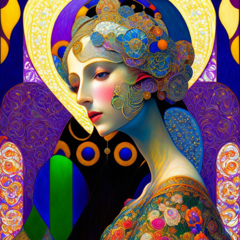 Colorful Art Nouveau Woman Portrait with Intricate Patterns