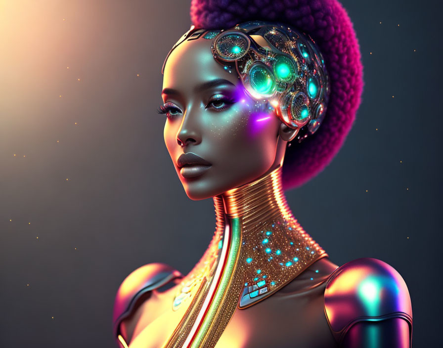 Female Android with Glowing Cybernetic Enhancements and Headgear