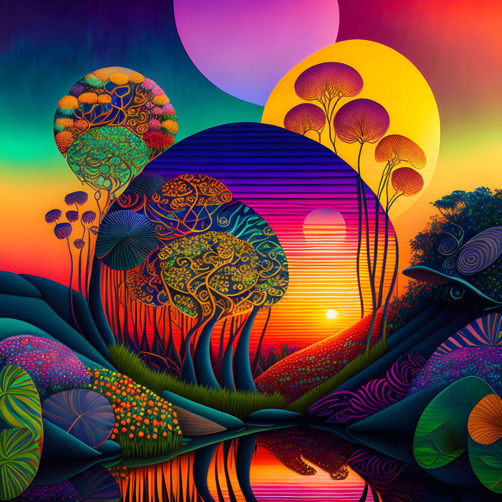 Fantasy landscape digital artwork with colorful trees and dual suns