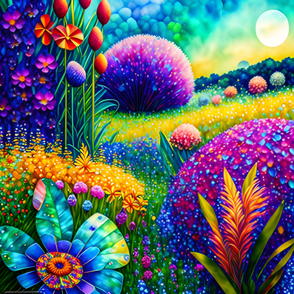 Colorful landscape with psychedelic flowers, lush foliage, and luminous full moon