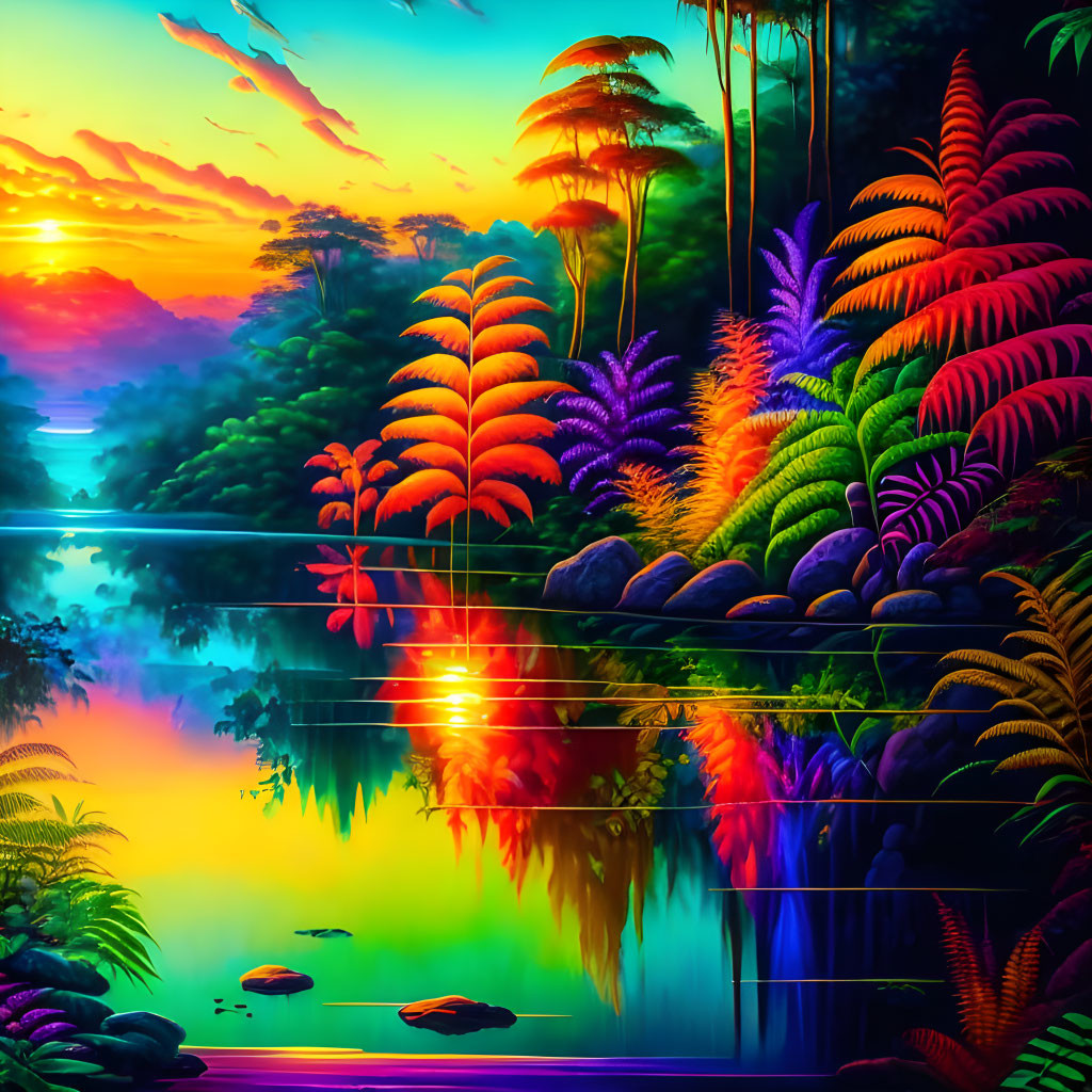 Colorful Tropical Sunset Landscape with Reflective Water