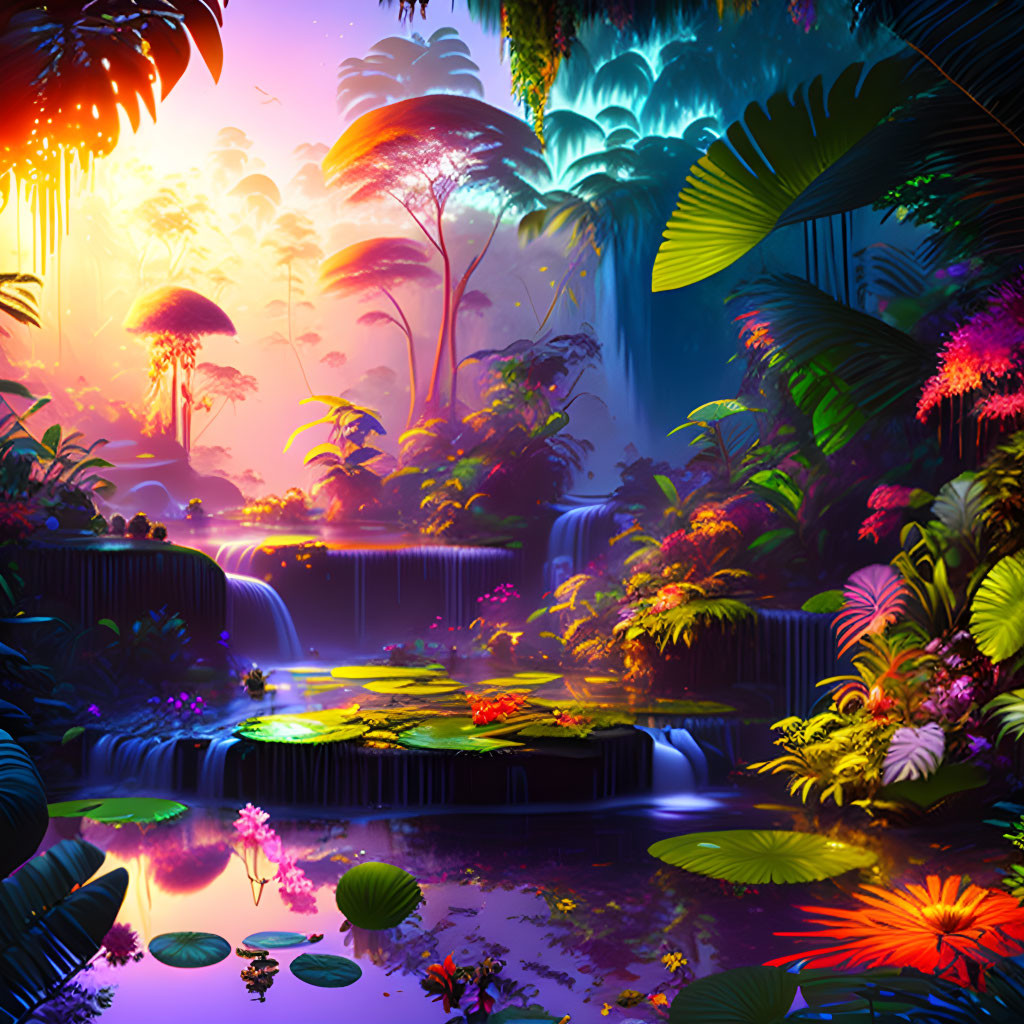 Colorful digital artwork of mystical jungle with neon colors, waterfalls, exotic flora, serene pond.