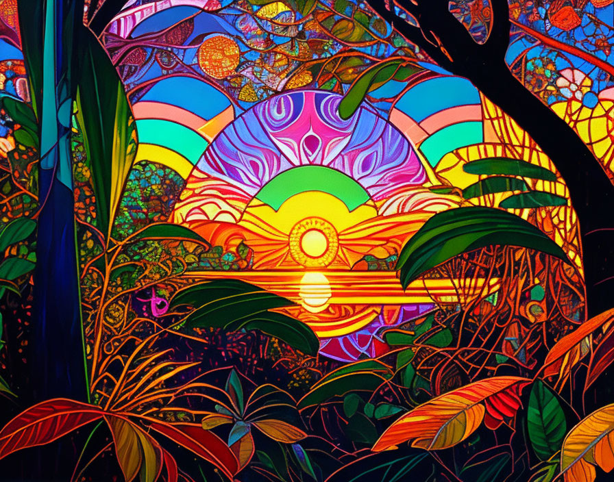 Vibrant Sunset/Sunrise Artwork with Trees & Foliage