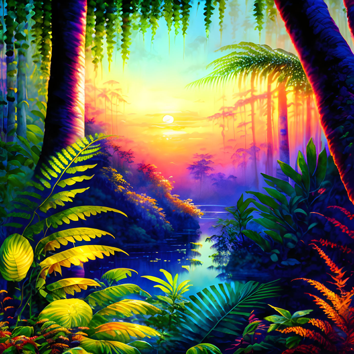 Lush Jungle Scene with Sunset Reflections on River