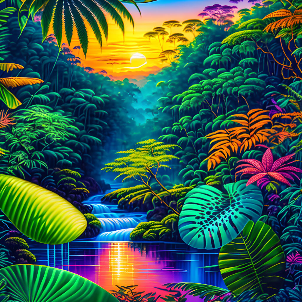 Lush Tropical Forest with Waterfall, Sunset, and River