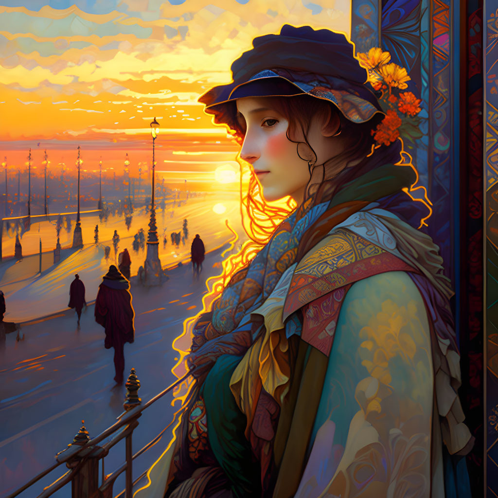 Woman in flower-adorned hat gazes at cityscape during sunset.