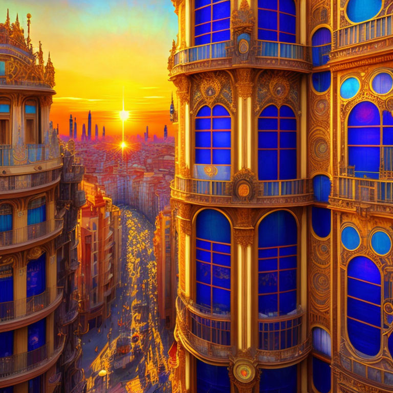 Vibrant sunset over bustling city street with ornate blue buildings