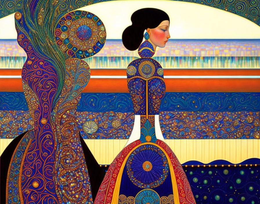 Stylized painting of two figures in elaborate, patterned clothing