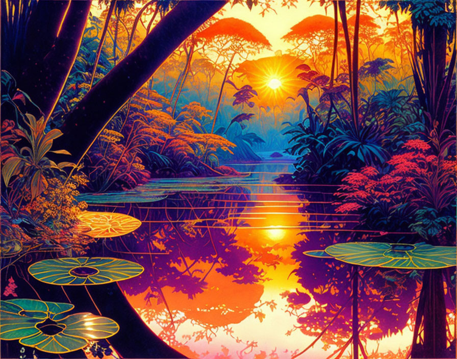 Colorful forest illustration with water lilies and exotic trees at sunset