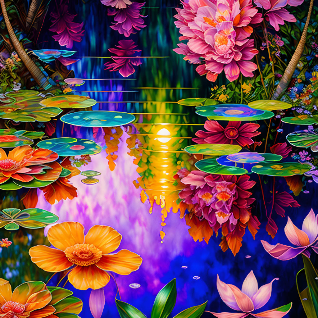 Colorful digital artwork: Waterfall, flowers, lily pads, glowing reflection