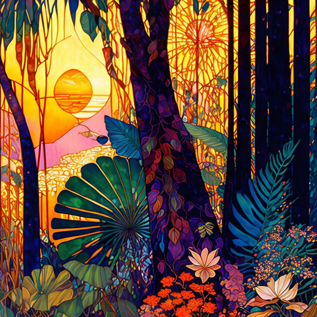 Colorful forest sunset illustration with trees, foliage, and sun.