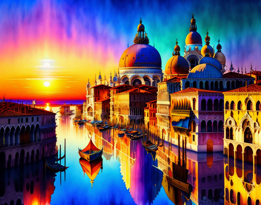 Scenic Venice sunset with reflections on water and ornate architecture.