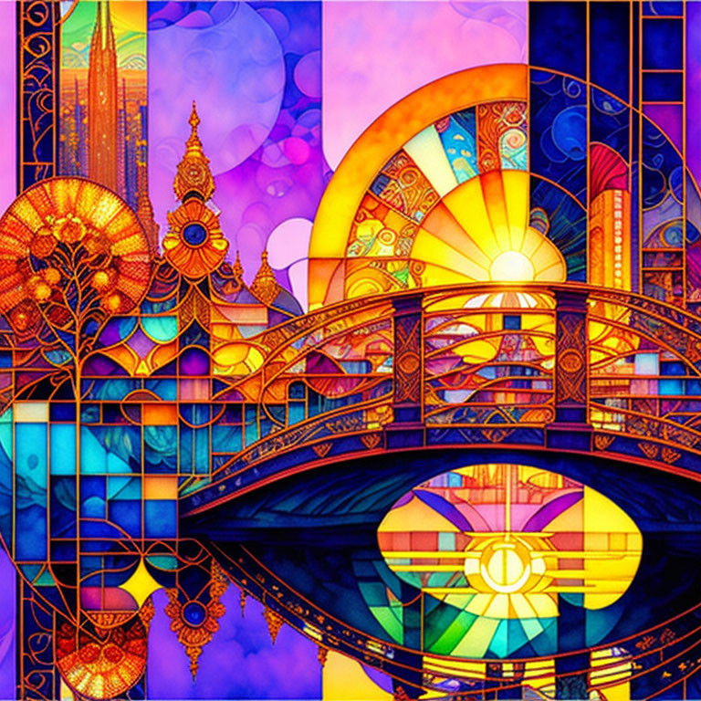 Colorful stained glass-style illustration of a bridge with intricate circular motifs and architectural elements