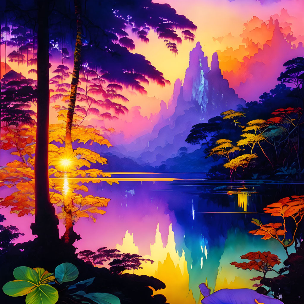 Colorful fantasy landscape: sunset, reflective lake, castle silhouette, lush trees