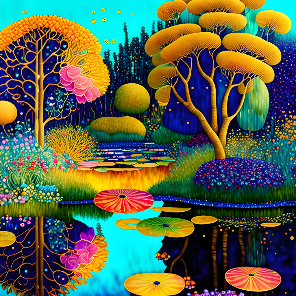 Vibrant stylized forest painting with reflective water and glowing flowers