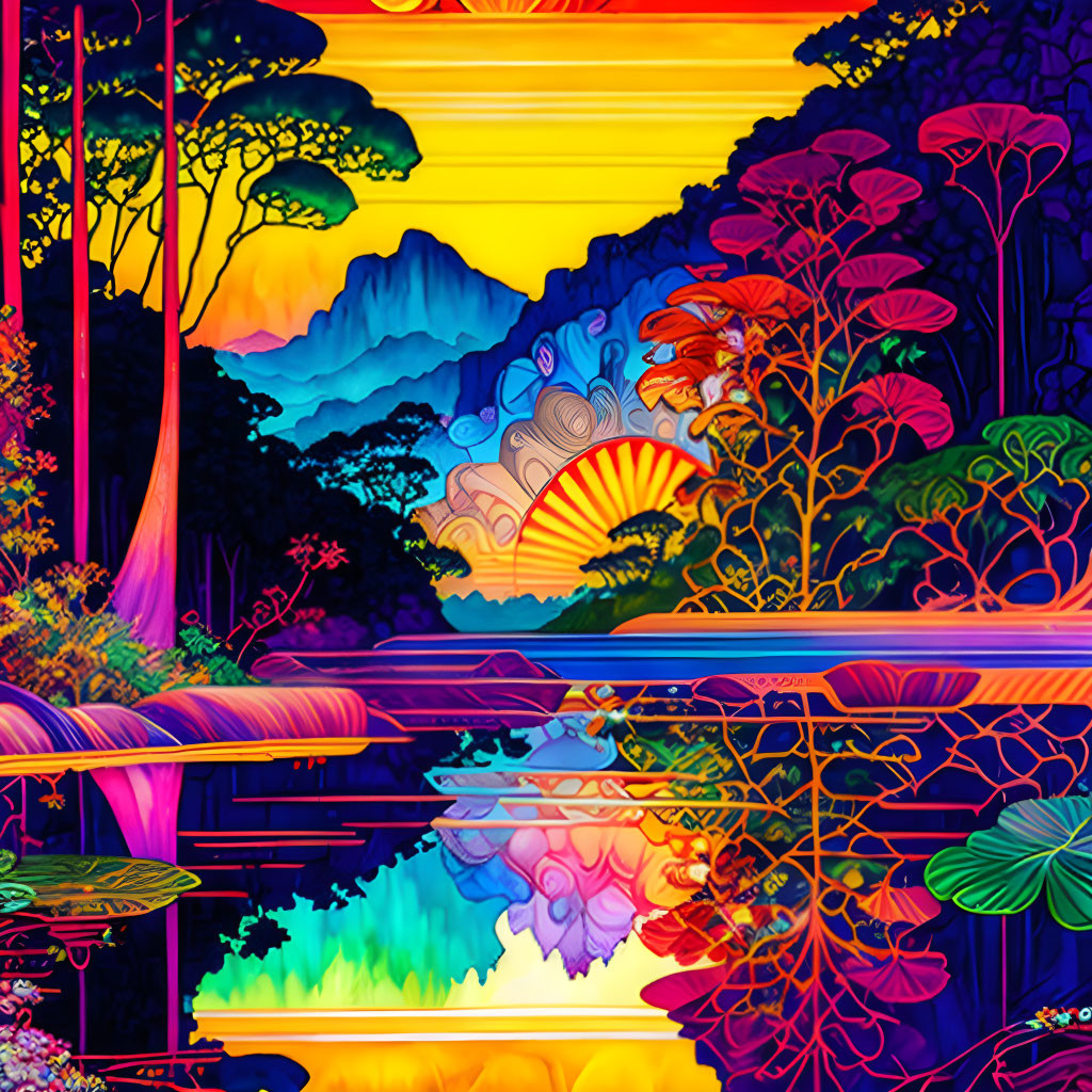 Neon-colored stylized landscape with trees, mountains, and reflective lake