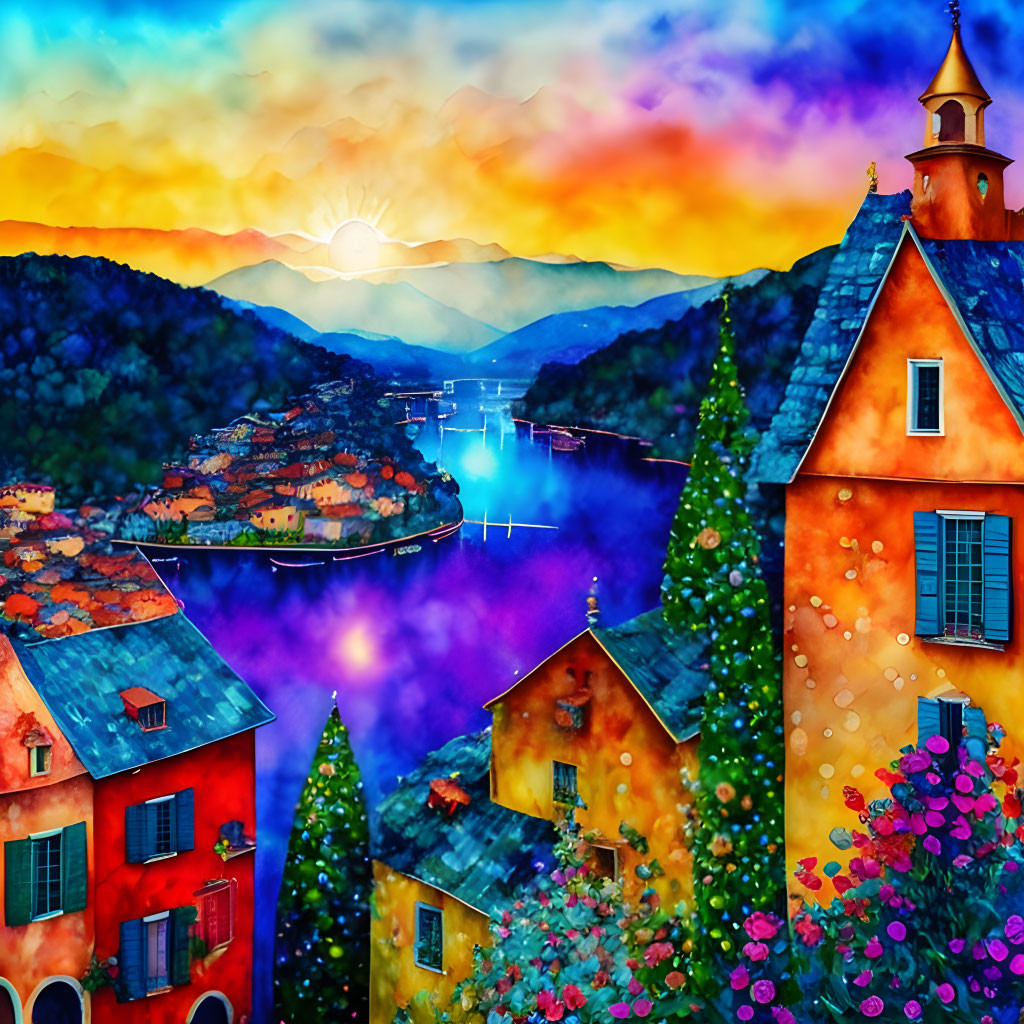 Vibrant coastal village painting at sunset