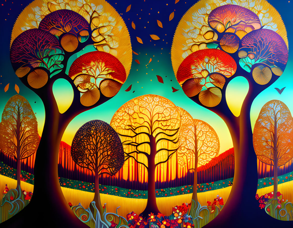 Colorful Artwork: Stylized Trees in Night Sky