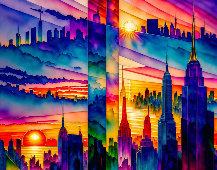 Vibrant four-panel cityscape artwork with varied times of day and sun positions