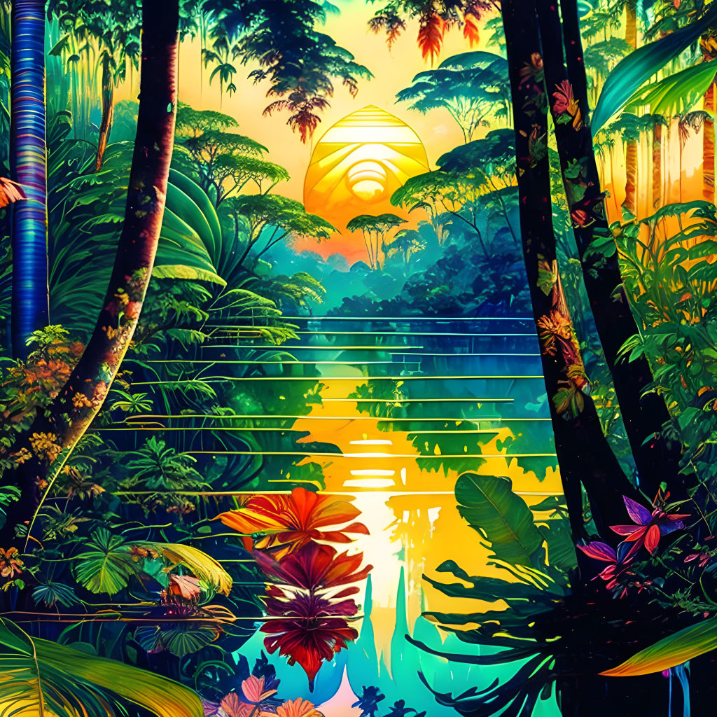 Vibrant tropical forest with reflective river and hot air balloons at sunset