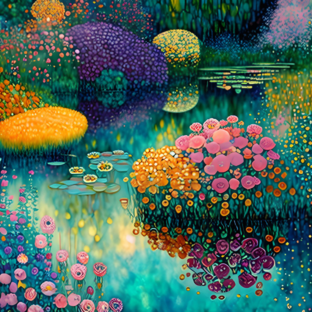 Colorful, textured abstract landscape with lush flowers and reflective water