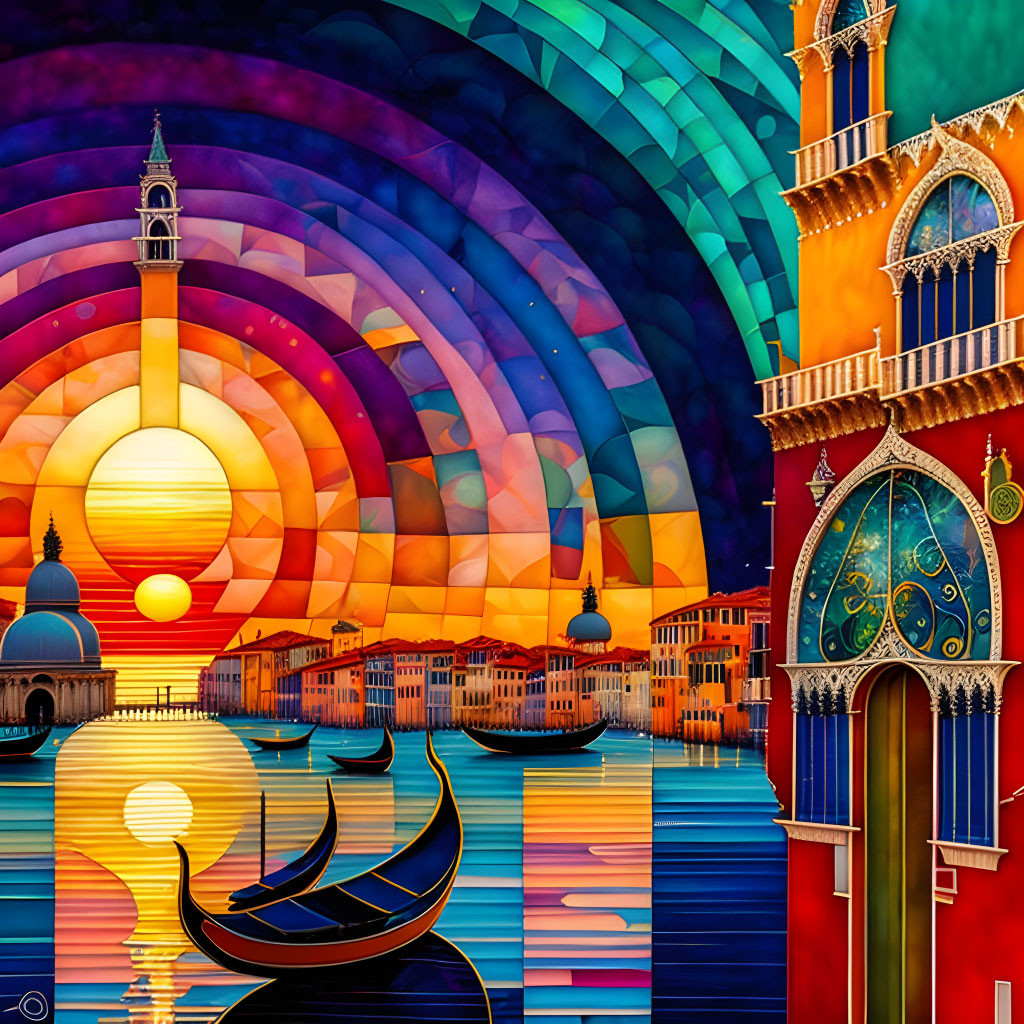 Colorful Venice-inspired architectural image with gondola and vibrant sky.