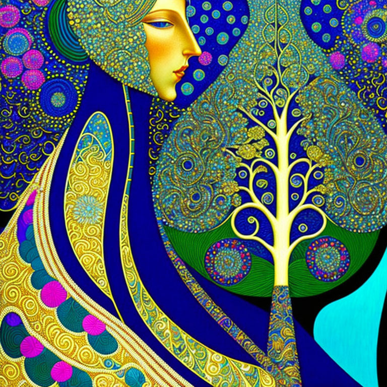 Colorful profile portrait with intricate patterns and integrated tree.