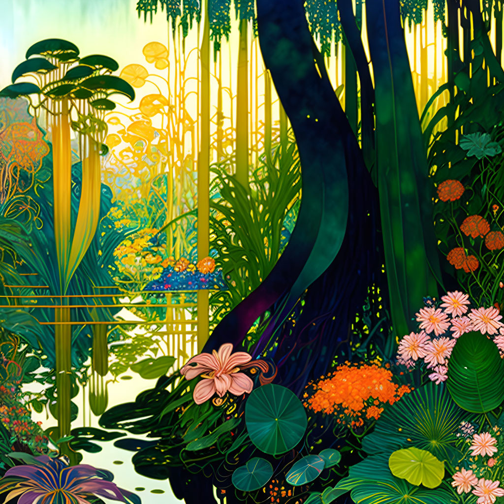 Lush Garden Illustration with Flowers, Trees, and Sunlight