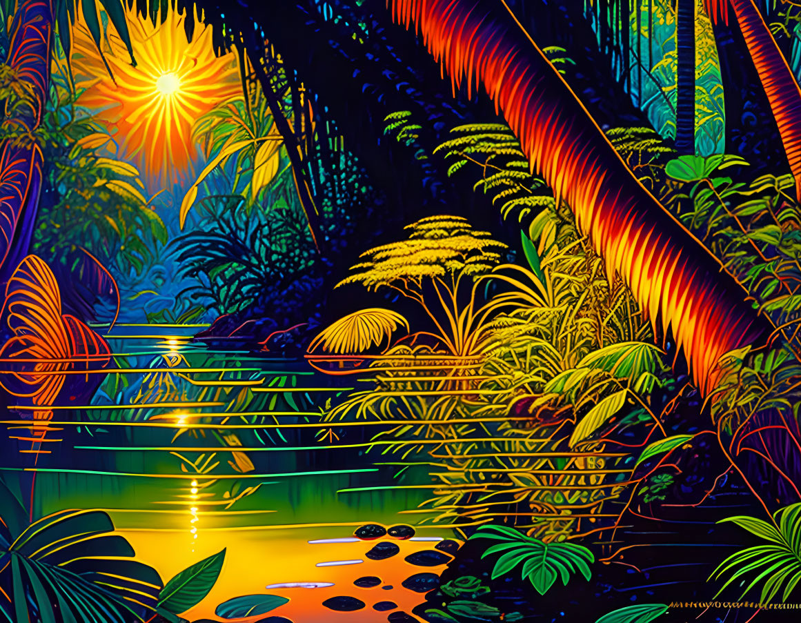 Colorful digital artwork: Tropical jungle sunset over serene river