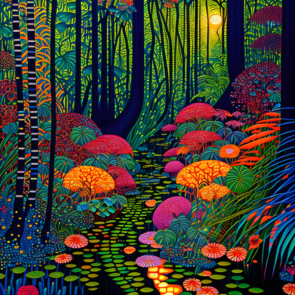 Fantastical forest with glowing moon and colorful flora