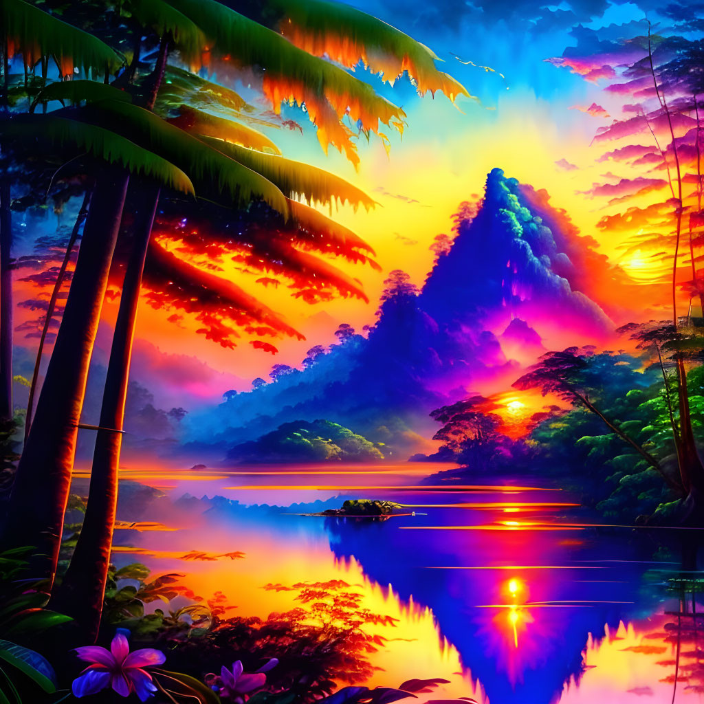 Colorful Tropical Sunset Illustration with Silhouetted Trees and Mountain