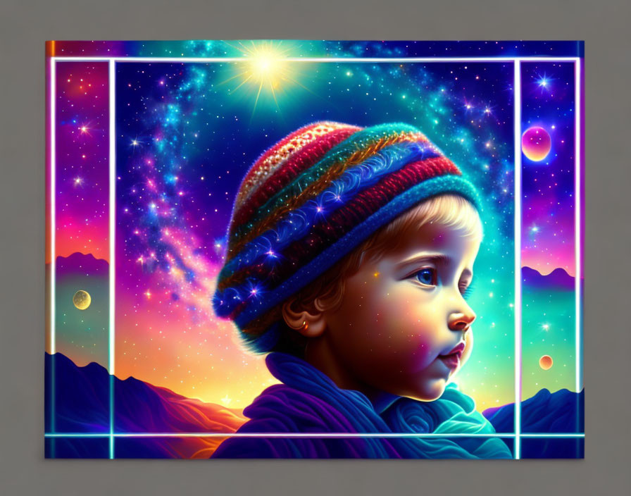 Colorful Beanie-Wearing Child in Cosmic Portrait