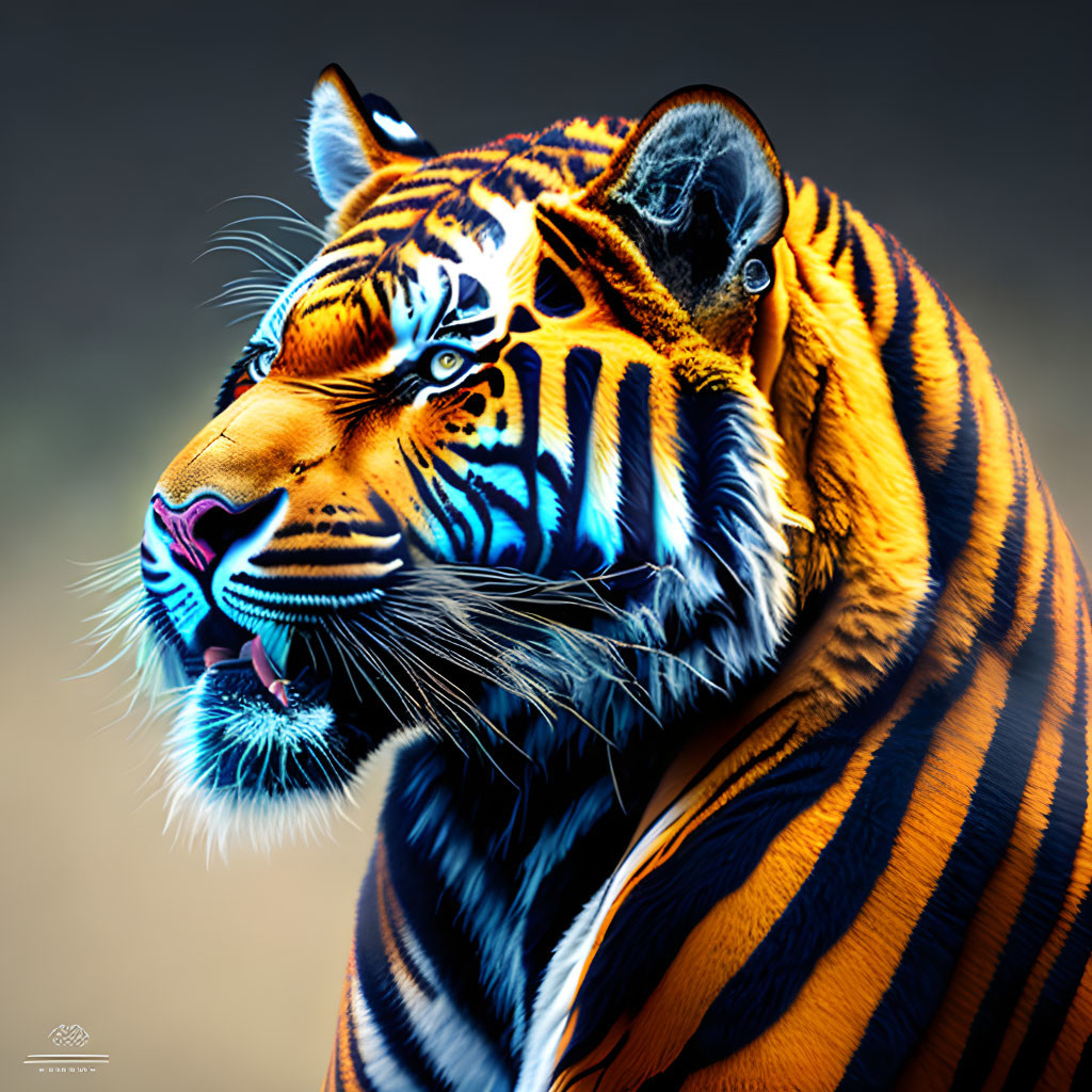 Colorful Tiger with Blue and Orange Hues and Intense Gaze