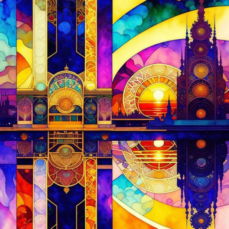 Colorful Stained Glass Artwork of Ornate Architectural Designs