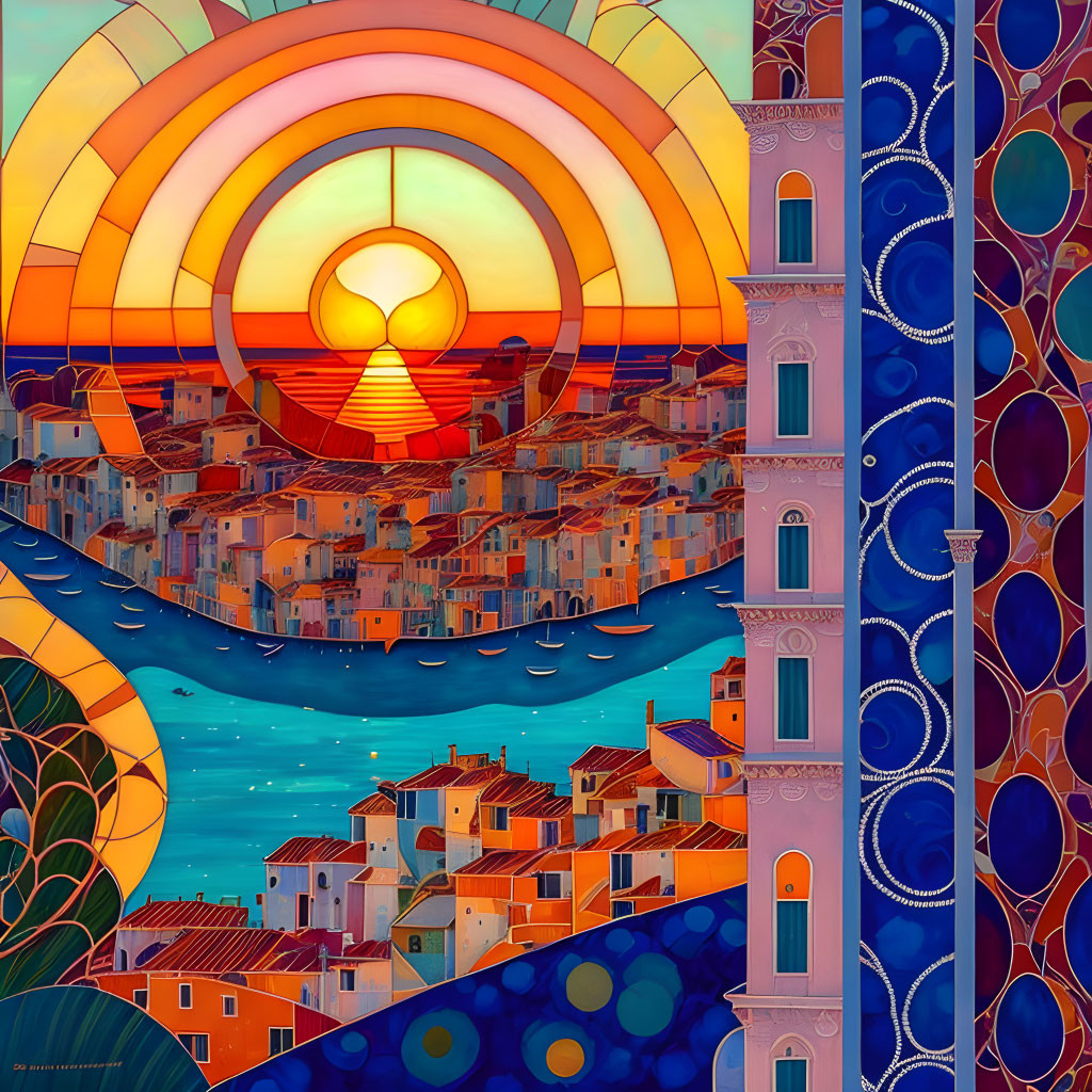 Colorful painting of coastal town at sunset with large sun and intricate panel.