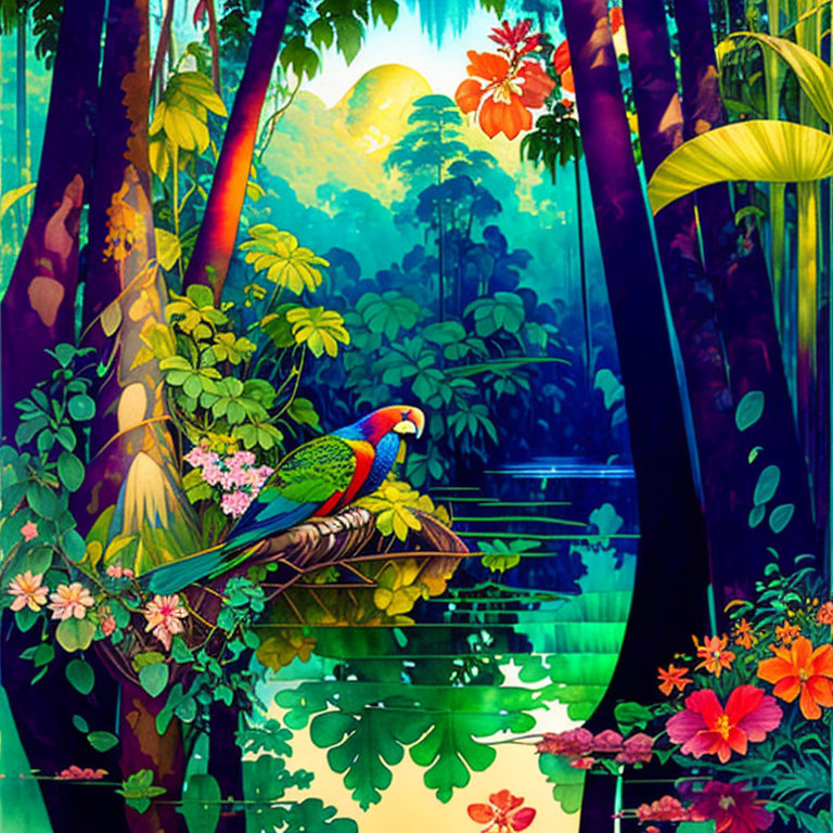 Colorful Parrot in Tropical Scene with River and Exotic Flowers