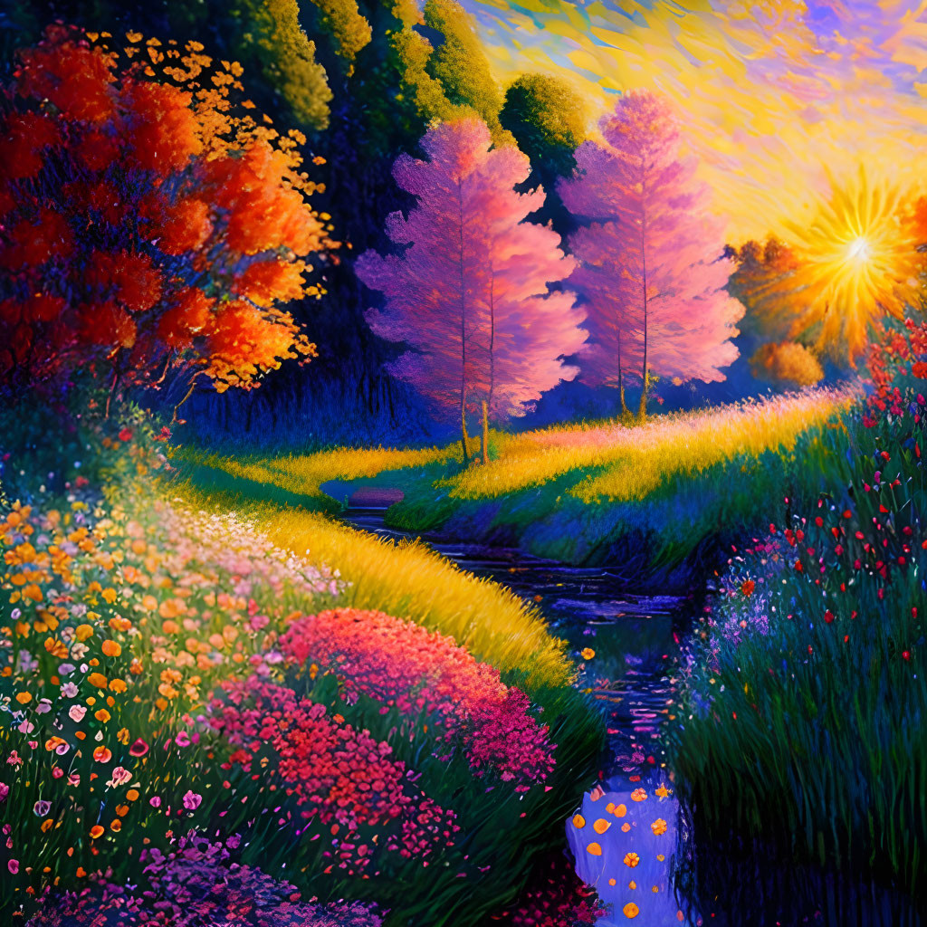 Colorful Sunset Painting Over Meadow Stream and Autumn Trees