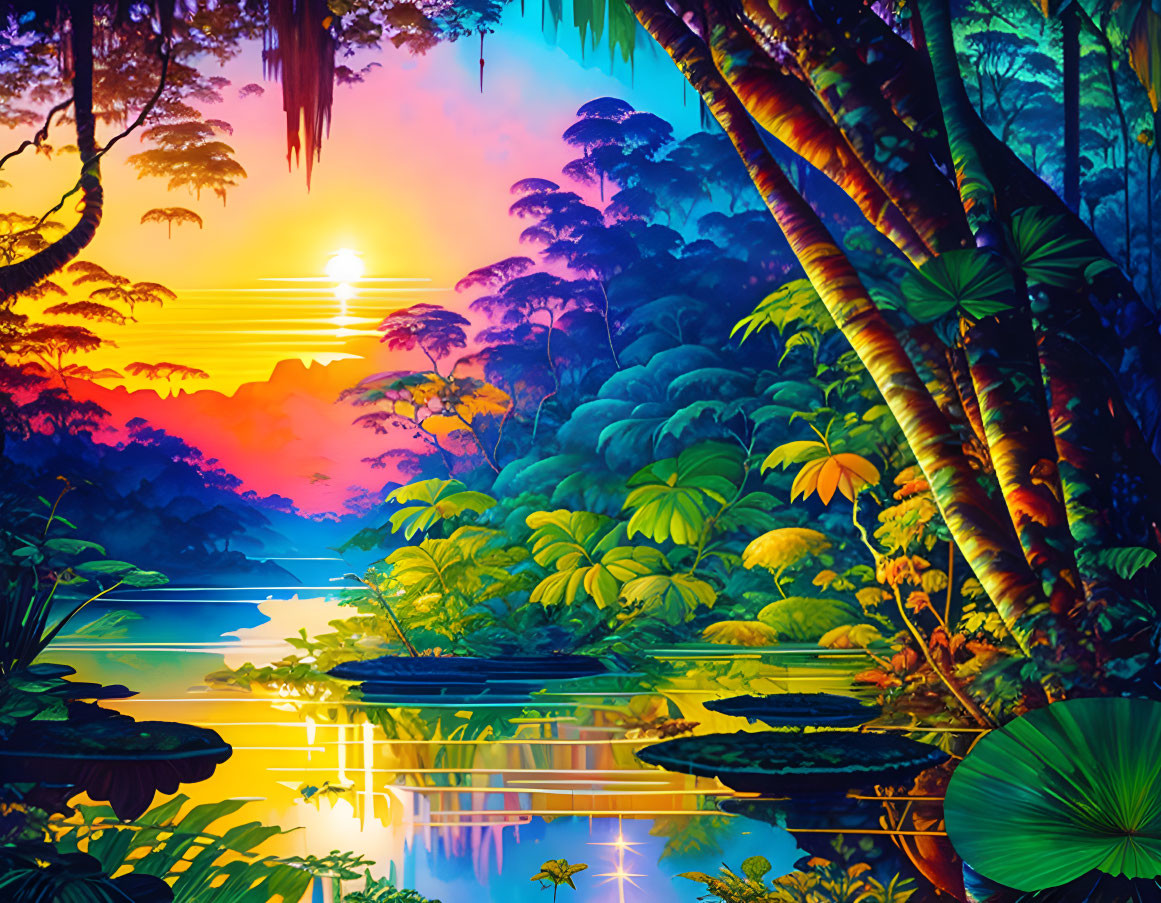 Colorful Jungle Sunset with Reflective Water