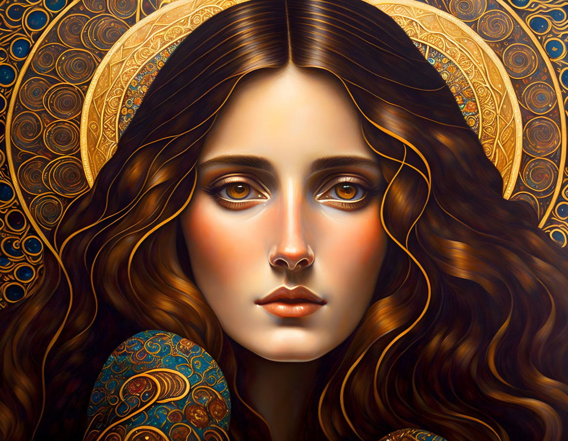 Stylized portrait of a woman with brown hair and golden halo