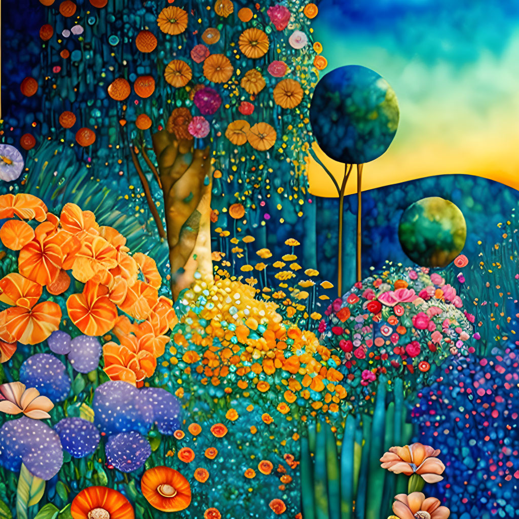 Colorful Whimsical Garden Illustration with Celestial Sky