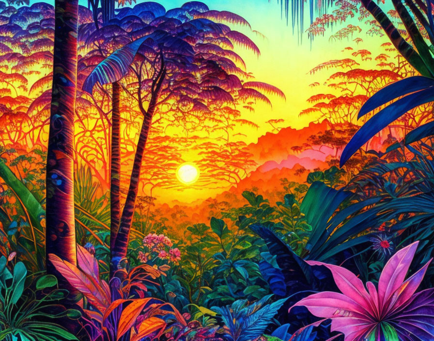 Colorful Tropical Jungle Sunset Painting with Purple, Blue, and Green Foliage