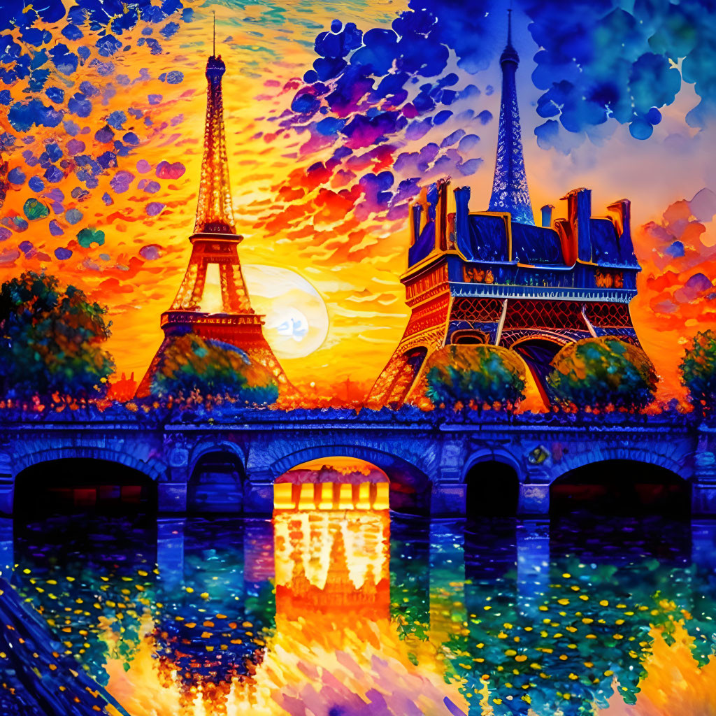 Eiffel Tower painting: sunset scene with Seine River reflections