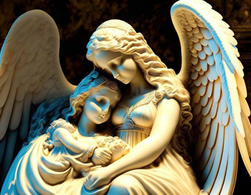 Adult and child angel sculpture with intricate wings and flowing robes in soft light