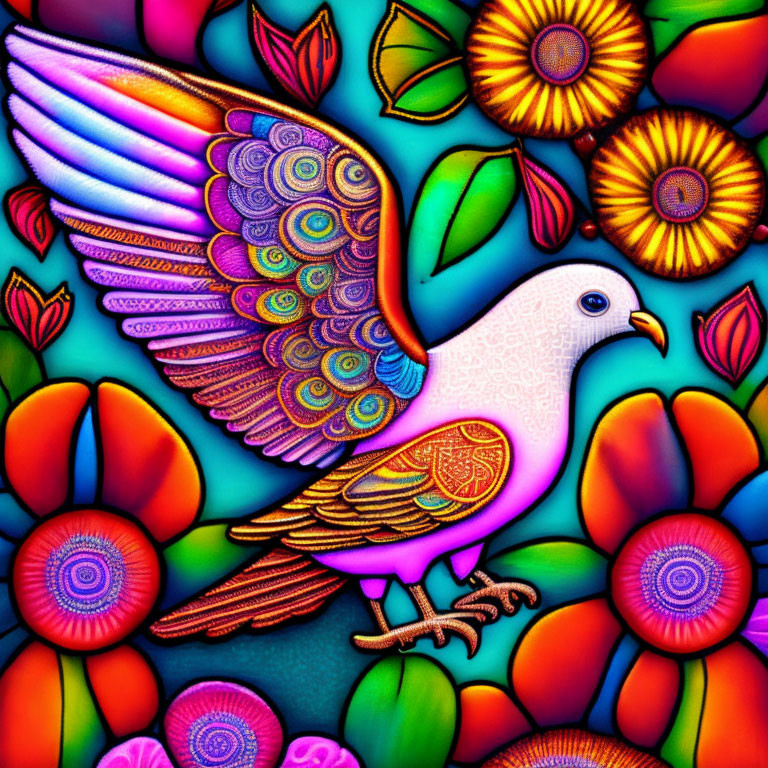 Colorful Stylized Bird with Patterned Wings and Flowers on Glowing Background