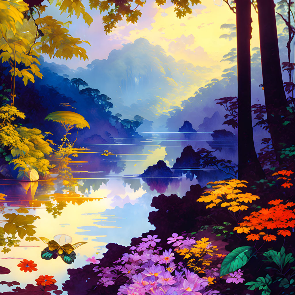 Serene forest illustration with reflective water & diverse flora