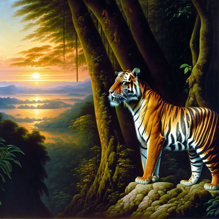 Majestic tiger in lush jungle with radiant sunset over tranquil river